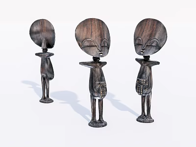 Three Abstract Wooden Sculptures With Elongated Necks And Distinct Facial Features 3d model
