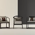 Three Chinese Style Chairs With Dark Frames Light Cushions And Decorative Straps 3d model