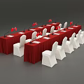 Conference Setup With Long Table Red Tablecloth And White Chairs Arrangement 3d model
