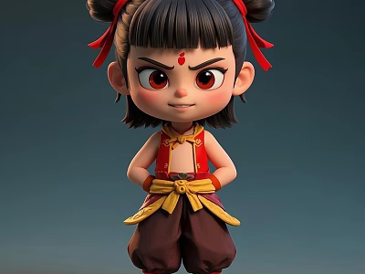 Cute Game and Movie Character with Double Buns Red Ribbons Red Mark and Traditional Outfit 3d model
