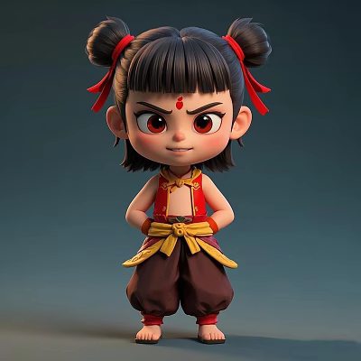 Cute Game and Movie Character with Double Buns Red Ribbons Red Mark and Traditional Outfit 3d model