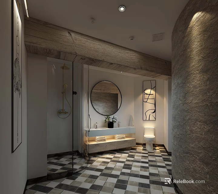 Modern Hotel Bathroom Interior Design With Black And White Checkered Floor Round Mirror And Vanity 3d model 