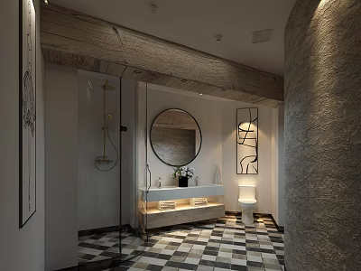 Modern Hotel Bathroom Interior Design With Black And White Checkered Floor Round Mirror And Vanity 3d model