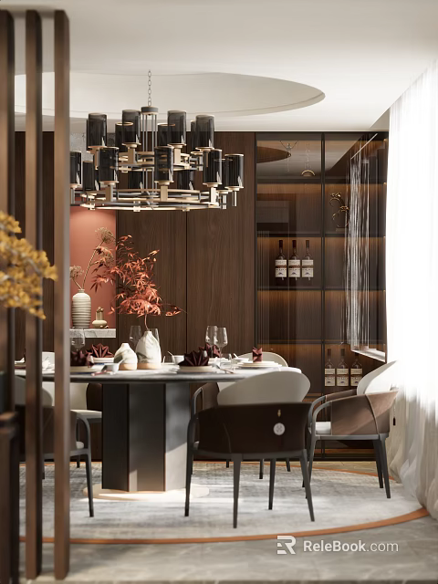 Elegant Restaurant Interior With Chandelier Dining Table Tableware Vase Plants Wooden Walls And Wine Cabinet 3d model 