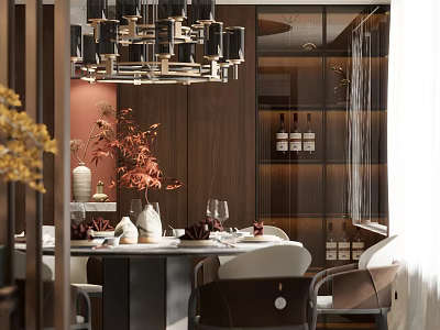Elegant Restaurant Interior With Chandelier Dining Table Tableware Vase Plants Wooden Walls And Wine Cabinet 3d model