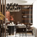 Elegant Restaurant Interior With Chandelier Dining Table Tableware Vase Plants Wooden Walls And Wine Cabinet