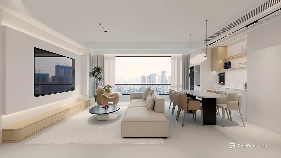 Modern Living and Dining Room Interior With Beige Sofa Round Coffee Table and City View 3d model 