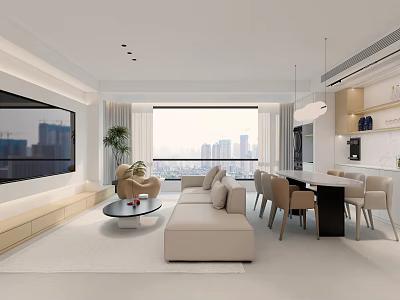 Modern Living and Dining Room Interior With Beige Sofa Round Coffee Table and City View 3d model