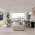 Modern Living and Dining Room Interior With Beige Sofa Round Coffee Table and City View
