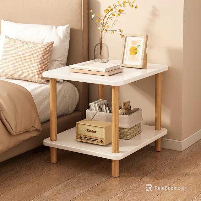 Cozy Bedroom Side Table With White Top Wooden Legs Books Photo Frame And Storage Basket 3d model 