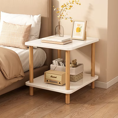 Cozy Bedroom Side Table With White Top Wooden Legs Books Photo Frame And Storage Basket 3d model