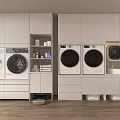 Neat Modern Laundry Room With Washing Machines Dryers Countertop And Storage Cabinets