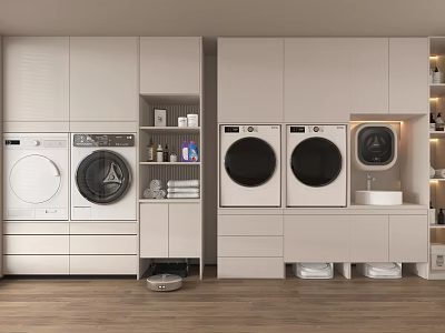 Neat Modern Laundry Room With Washing Machines Dryers Countertop And Storage Cabinets 3d model