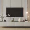 Minimalist White TV Stand with Wall Mounted TV Decorative Vases and Wooden Panel Wall