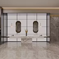 Luxury Modern Public Toilet Interior With Marble Walls Floors And Dual Sink Vanity
