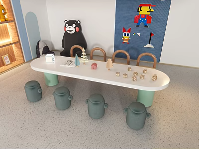 Kids White Table Green Chair Set With Building Blocks And Teddy Bear Decor 3d model