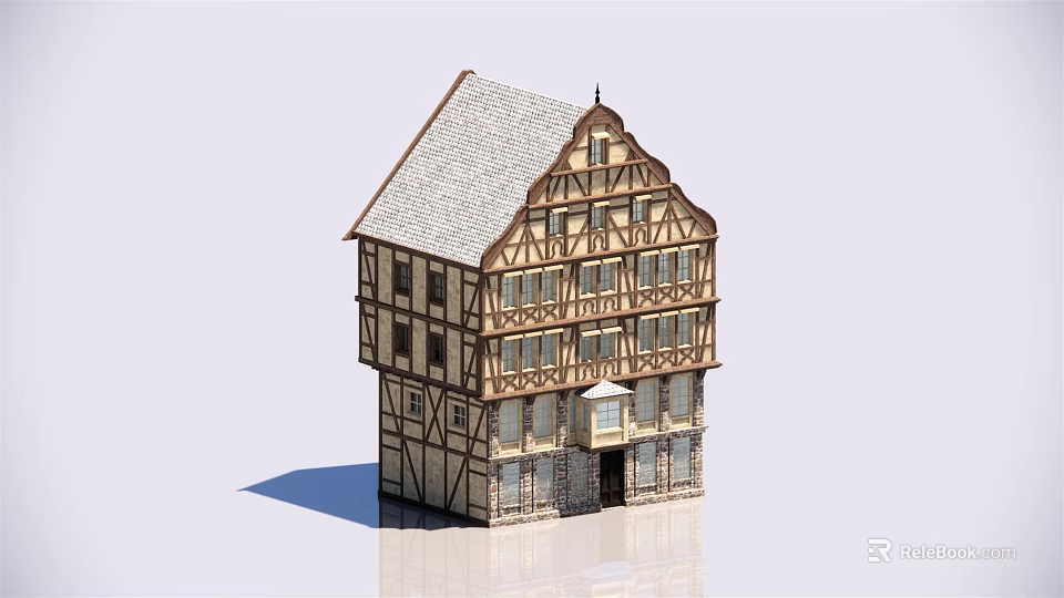 Traditional Half Timbered House Model With Sloped Roof Wooden Frames and Stone Walls 3d model 