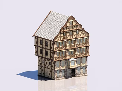 Traditional Half Timbered House Model With Sloped Roof Wooden Frames and Stone Walls 3d model