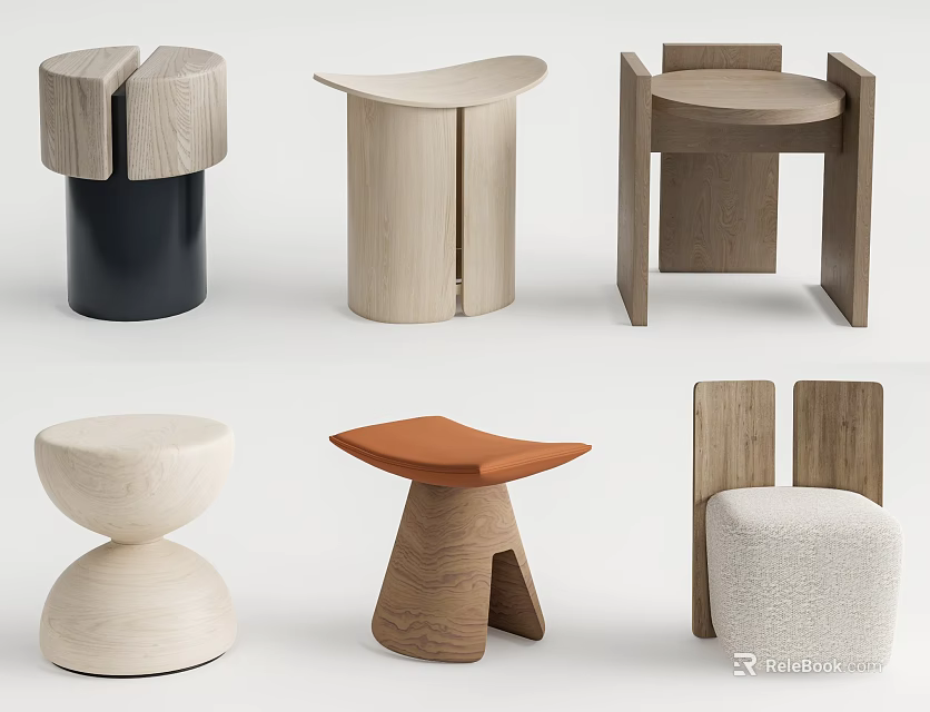 Various Modern Wooden Stools With Unique Designs Shapes And Fabric Cushion 3d model 