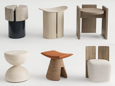 Various Modern Wooden Stools With Unique Designs Shapes And Fabric Cushion 3d model