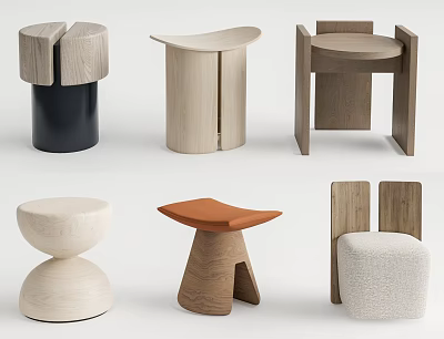 Various Modern Wooden Stools With Unique Designs Shapes And Fabric Cushion 3d model