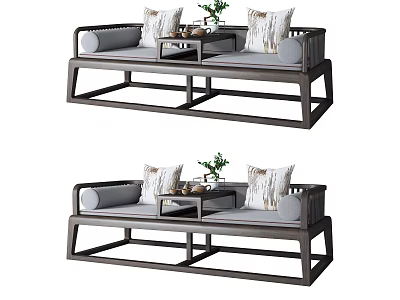 Modern Chinese Daybed with Gray Cushions Decorative Pillows Small Table and Green Plant 3d model