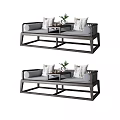 Modern Chinese Daybed with Gray Cushions Decorative Pillows Small Table and Green Plant