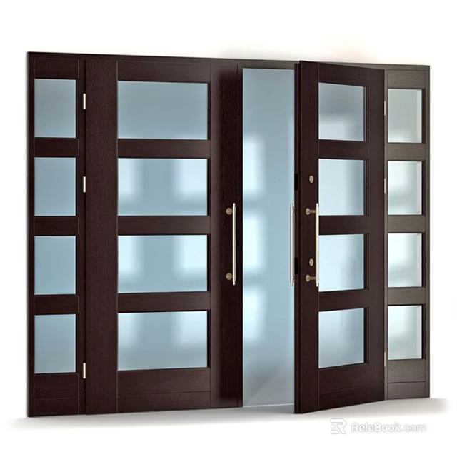 Modern Entrance Door With Wooden Frame Frosted Glass Panels And Metal Handles 3d model 