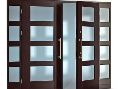 Modern Entrance Door With Wooden Frame Frosted Glass Panels And Metal Handles 3d model