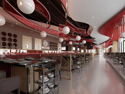 Modern Hot Pot Restaurant Interior With Red Decor Round Pendant Lights And Dining Tables 3d model