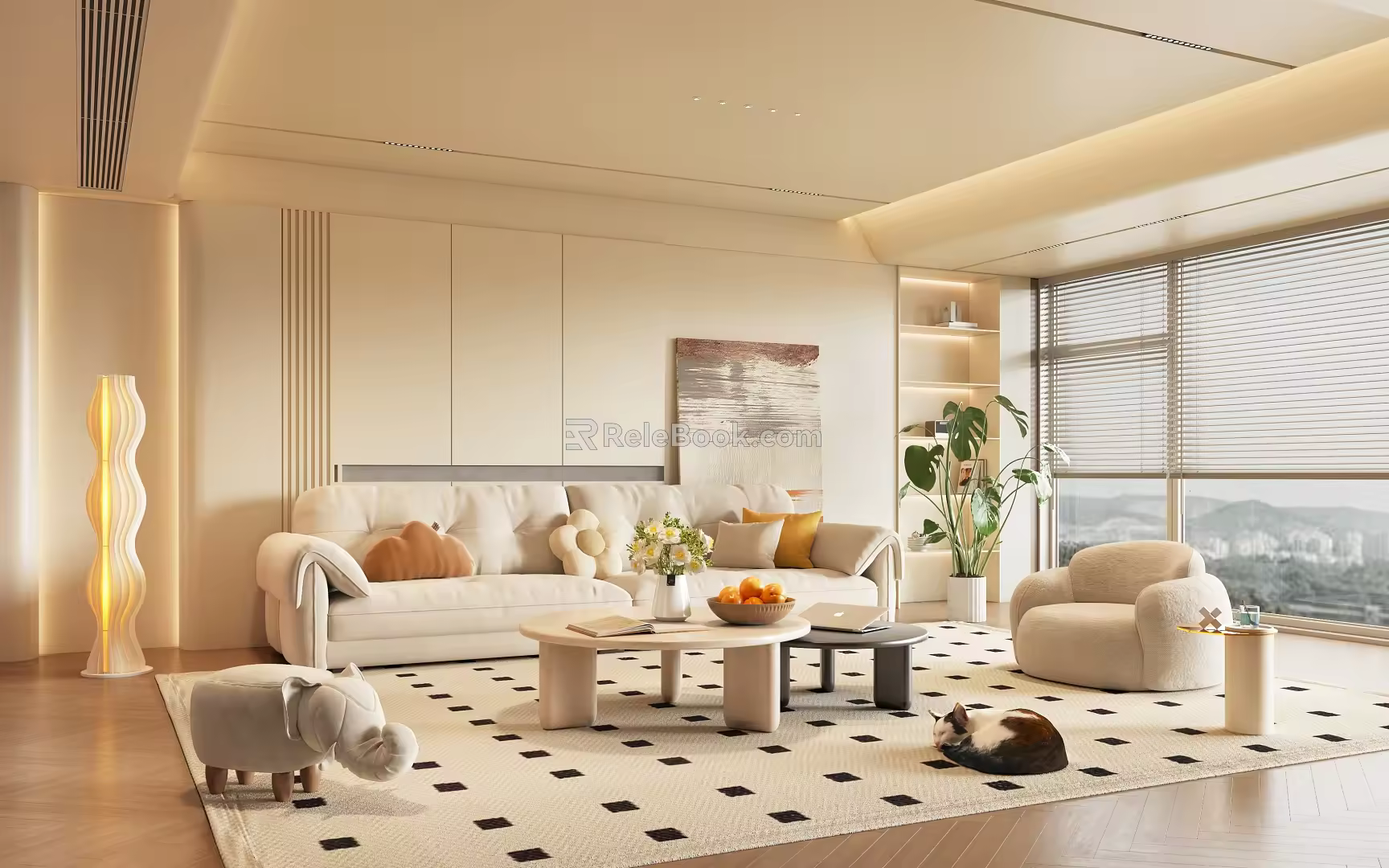 Cream style living room sofa combination cloud sofa coffee table side table floor lamp 3d model