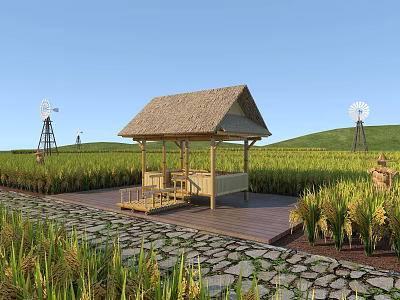 Green Rice Field Scene With Thatched Pavilion Windmill And Stone Path 3d model