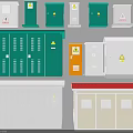 Industrial Electrical Equipment Various Distribution Cabinets Control Panels In Green White Orange With Warning Signs