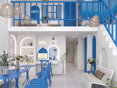 Modern Blue And White Beauty Salon Interior With Balcony Railings Tables Chairs Sofa And Chandeliers 3d model