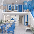 Modern Blue And White Beauty Salon Interior With Balcony Railings Tables Chairs Sofa And Chandeliers