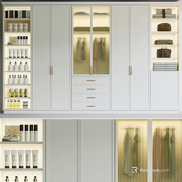 Modern White Wardrobe With Glass Sliding Doors Drawers And Built In Lighting 3d model 