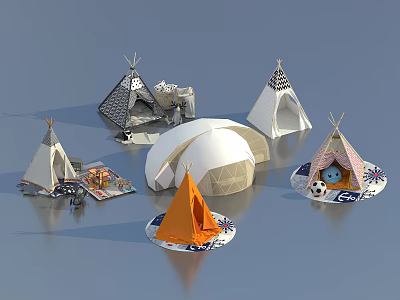 Various Stylish Tents Including Tepee And Dome Shaped Designs With Colorful Patterns 3d model