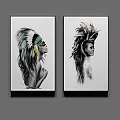 Two Piece Portrait Paintings With Feather Headdress And Mohawk Hair Profile View Black Framed