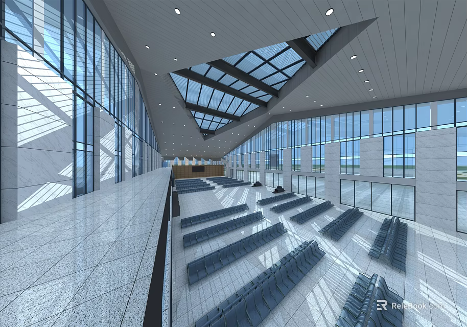 Modern Station Interior Design Spacious Hall With Glass Windows Skylight And Neat Seats 3d model 
