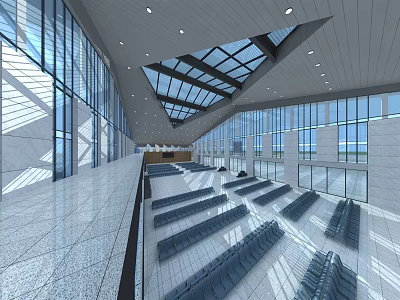 Modern Station Interior Design Spacious Hall With Glass Windows Skylight And Neat Seats 3d model