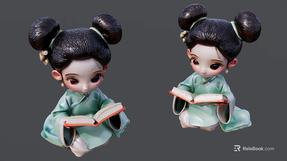 Traditional Girl Sculpture With Double Buns Hairstyle Reading Book In Traditional Clothing 3d model 