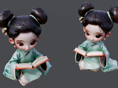 Traditional Girl Sculpture With Double Buns Hairstyle Reading Book In Traditional Clothing 3d model