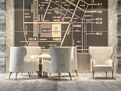 Light Beige Upholstered Accent Chairs In Indoor Setting With Map Wall And Table 3d model