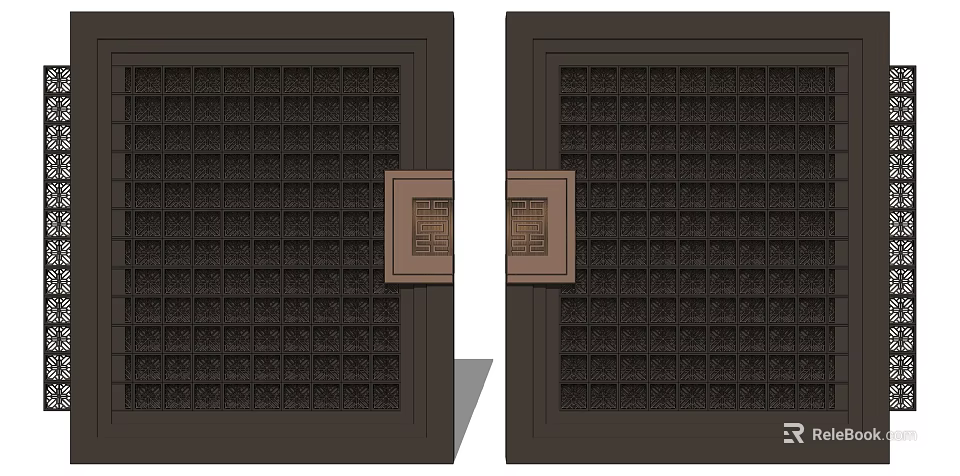 Traditional Dark Main Door With Grid Design And Square Ornament 3d model 