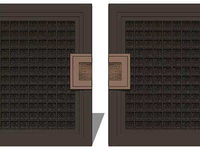 Traditional Dark Main Door With Grid Design And Square Ornament 3d model