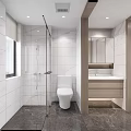 Modern Bathroom Interior With White Tiles Shower Vanity Mirror Toilet And Natural Light