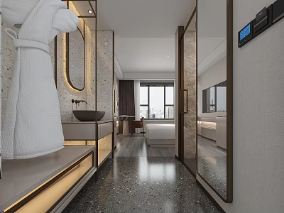 Modern Hotel Room Interior Design With Bathroom Marble Counter Large Mirror And Bed 3d model