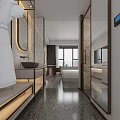 Modern Hotel Room Interior Design With Bathroom Marble Counter Large Mirror And Bed