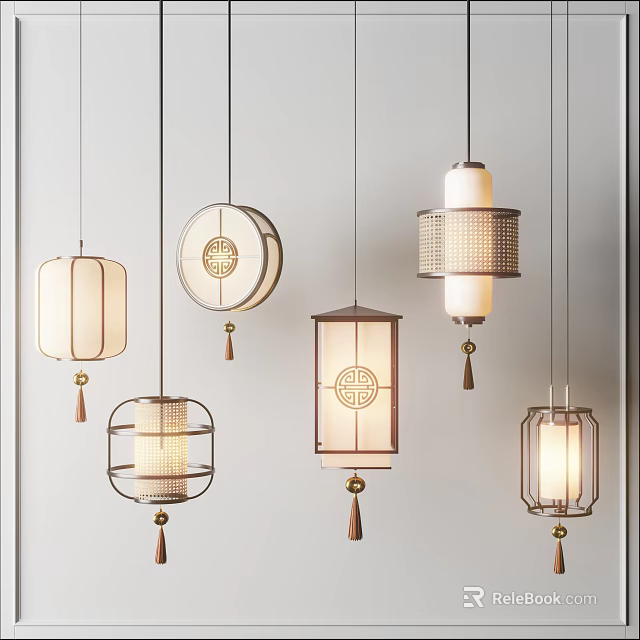 Traditional Chinese Style Chandeliers With Different Designs Wooden Frames And Lantern Shapes 3d model 