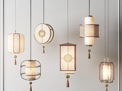 Traditional Chinese Style Chandeliers With Different Designs Wooden Frames And Lantern Shapes 3d model